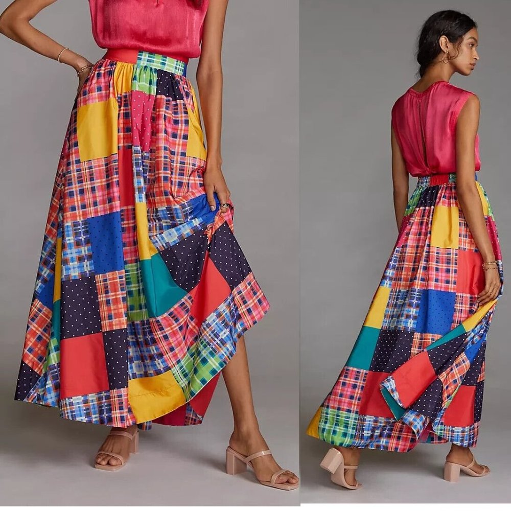 Anthropologie Bright Patchwork Plaid Maxi Skirt - Red, Yellow, Blue, Green, Navy
